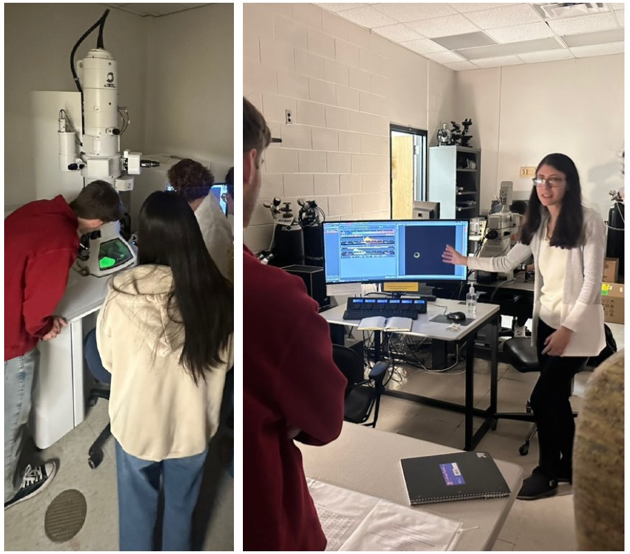 Students look at microscopes with the help of CAM scientists