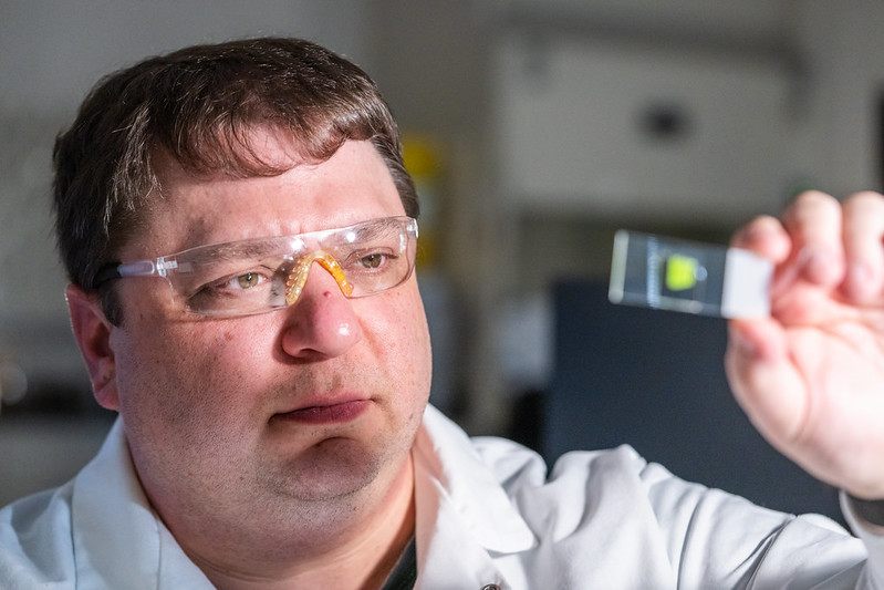 Scientist examining a plant sample on a microscope slide